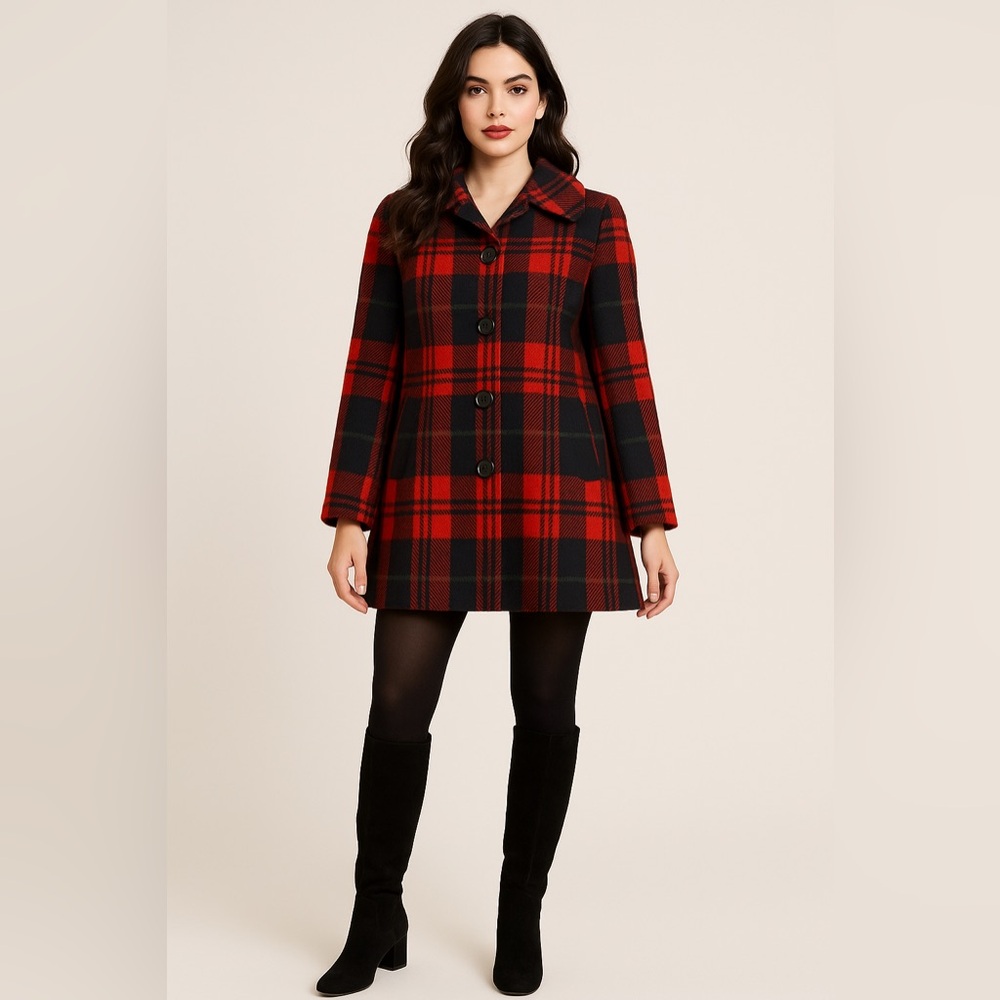 Pendleton‎ Vintage Red 100% Virgin Wool Plaid Pea Coat Sz. M